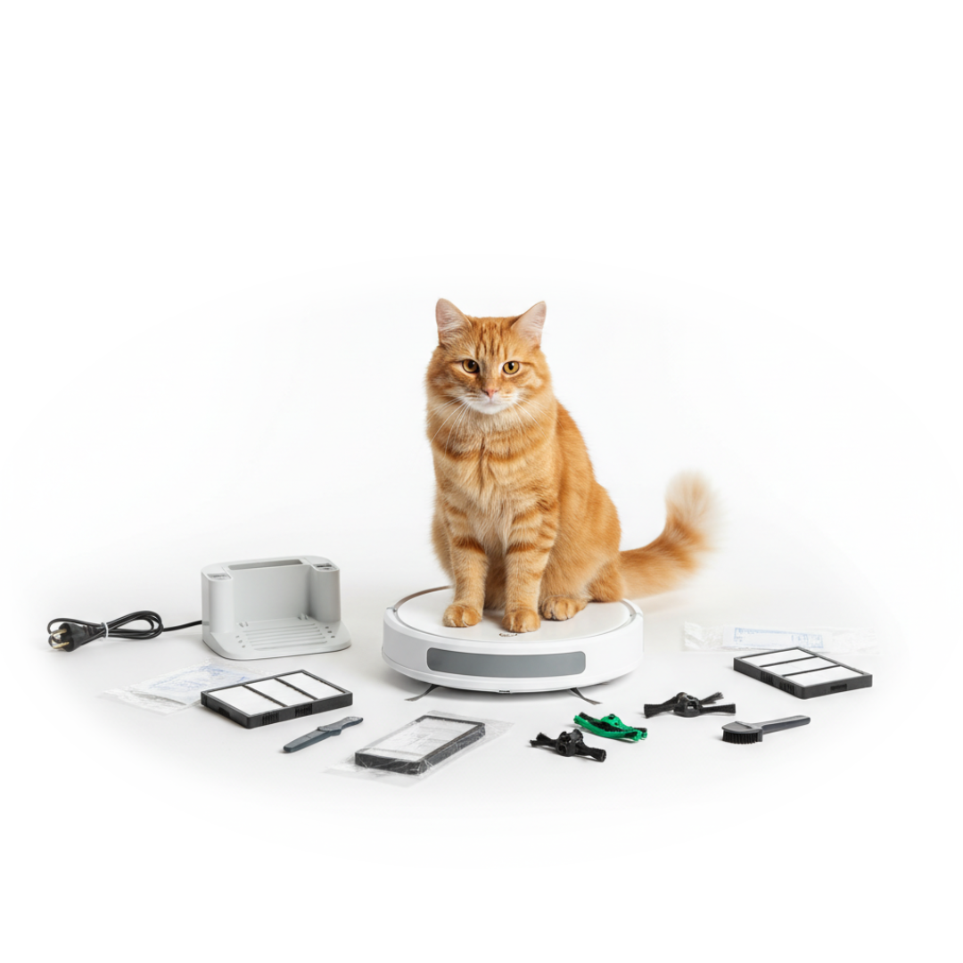 Katze fährt auf einem Roboterstaubsauger